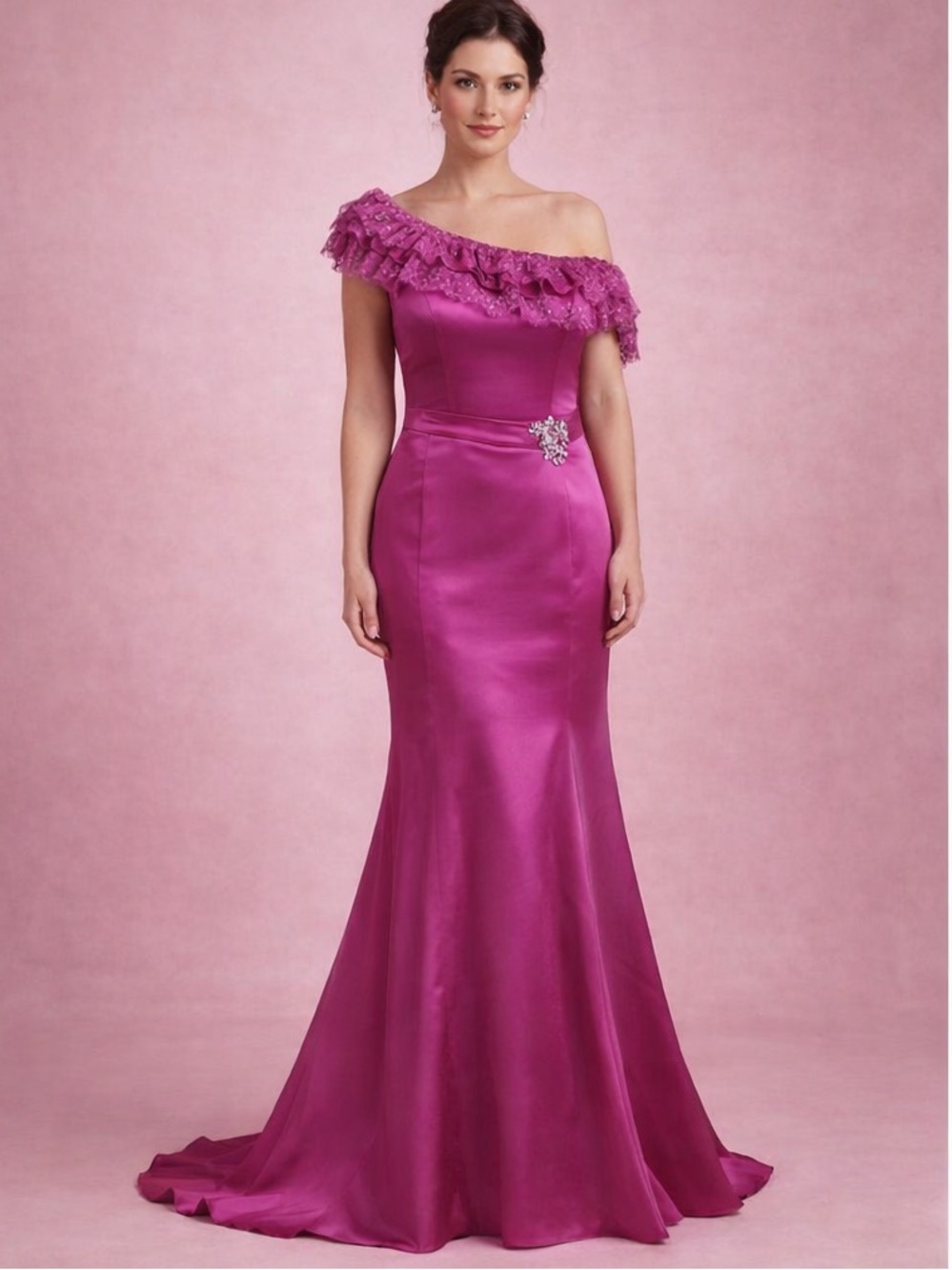 One-Shoulder Fuchsia Satin Evening Dress with Ruffled Neckline